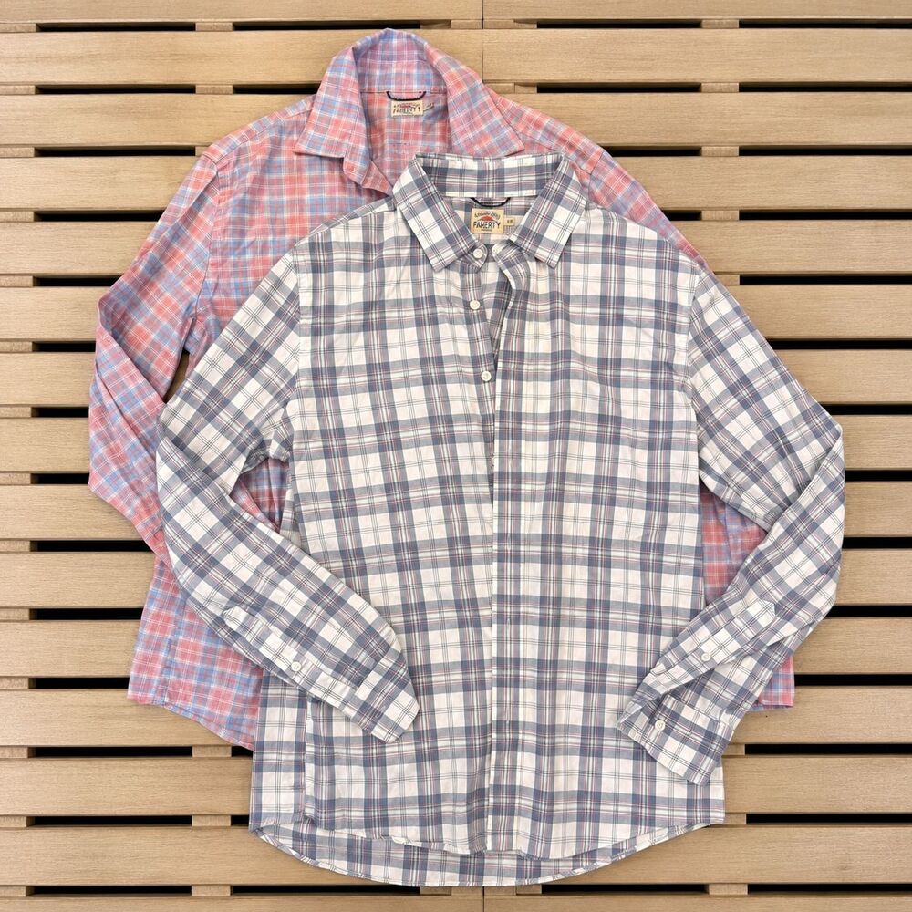 Faherty Button Up Shirt Bundle (2) Blue White Red Pink Gingham Plaid Mens Medium